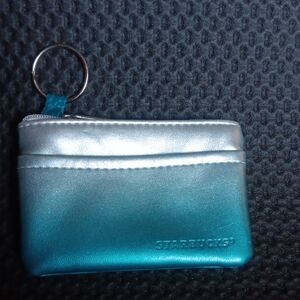 Starbucks Teal and Silver Zip Card Pouch with Key Ring